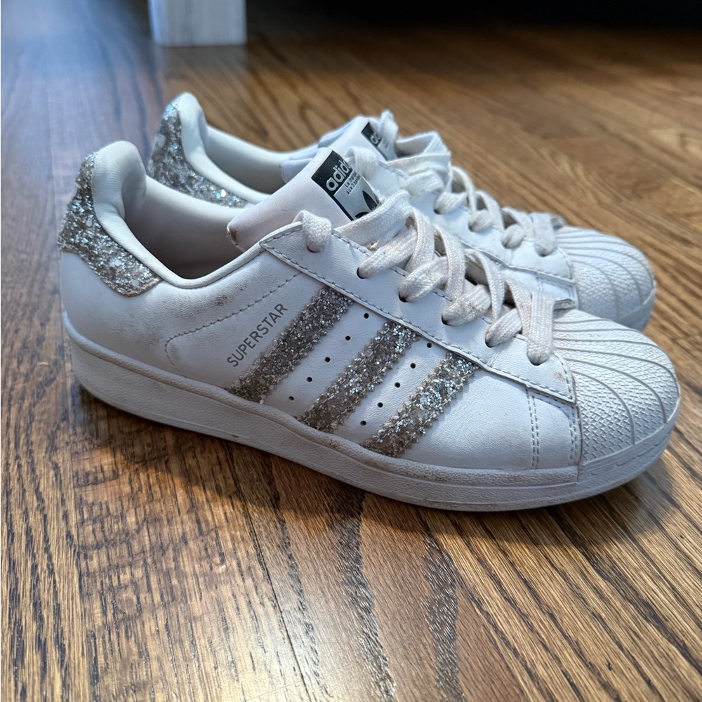 Adidas Superstar White with Silver Glitter Accents